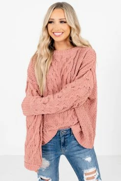 Bella Ella Boutique Admire Me Coral Cable Knit Sweater -Bella Ella Sales Admire Me Coral Sweater Front4 5000x