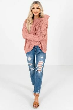 Bella Ella Boutique Admire Me Coral Cable Knit Sweater -Bella Ella Sales Admire Me Coral Sweater Front5 5000x