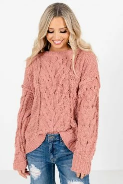 Bella Ella Boutique Admire Me Coral Cable Knit Sweater -Bella Ella Sales Admire Me Coral Sweater Front 5000x