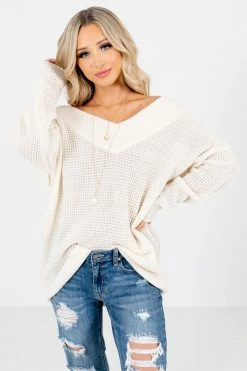 Zenana Back In Town Cream Knit Sweater