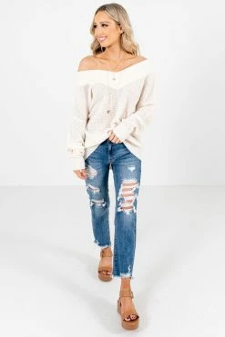 Zenana Back In Town Cream Knit Sweater -Bella Ella Sales Back in Town Cream Sweater Full Front 5000x