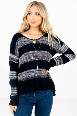 Bella Ella Boutique Brave The Storm Navy Striped Sweater -Bella Ella Sales Brave the Storm Navy Sweater Front 5000x