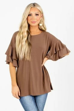 Zenana Build Your Dream Ruffle Top -Bella Ella Sales Build Your Dream Brown Top Front 5000x