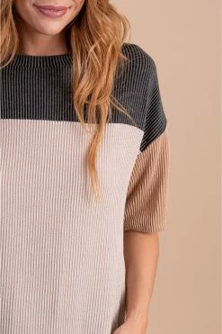 Tres Bien Casual Friday Ribbed Color Block Top -Bella Ella Sales CasualFridayRibbedColorBlockTopcharcoalclose 5000x