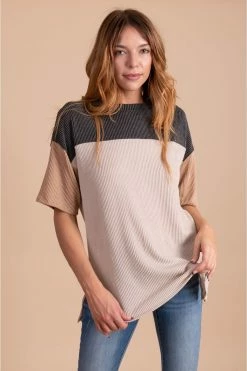 Tres Bien Casual Friday Ribbed Color Block Top -Bella Ella Sales CasualFridayRibbedColorBlockTopcharcoalfront 5000x