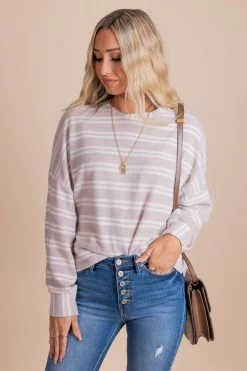 Wholesale Fashion Trends Comfort Zone Striped Sweater - Light Brown -Bella Ella Sales ComfortZoneSweaterFront 5000x
