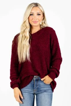 Zenana Dare To Dream Popcorn Knit Sweater 11 Zenana Dare To Dream Popcorn Knit Sweater -Bella Ella Sales Dare to Dream Burgundy Sweater Front 5000x