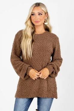 Zenana Don't Mention It Popcorn Knit Sweater -Bella Ella Sales Don t Mention It Brown Sweater Front 5000x