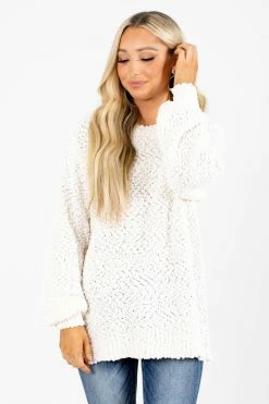Zenana Don't Mention It Popcorn Knit Sweater -Bella Ella Sales Don t Mention It White Sweater Front 5000x