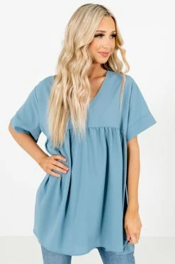 Zenana Easily Adored Short Sleeve Blouse -Bella Ella Sales EasilyAdoredBlueBlouseFront 5000x