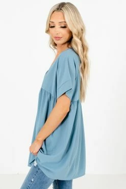 Zenana Easily Adored Short Sleeve Blouse -Bella Ella Sales EasilyAdoredBlueBlouseSide 5000x
