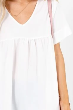 Zenana Easily Adored Short Sleeve Blouse -Bella Ella Sales EasilyAdoredWhiteBlouseDetail 5000x