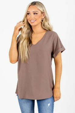 Zenana First Kiss V-Neck Blouse 44 Zenana First Kiss V-Neck Blouse -Bella Ella Sales First Kiss Brown Blouse Front 5000x