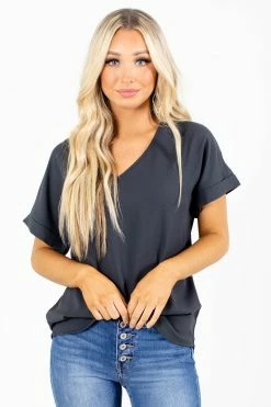 Zenana First Kiss V-Neck Blouse 46 Zenana First Kiss V-Neck Blouse -Bella Ella Sales First Kiss Gray Blouse Front 5000x