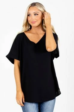 Zenana First Kiss V-Neck Blouse 38 Zenana First Kiss V-Neck Blouse -Bella Ella Sales Frist Kiss Black Blouse Front 5000x