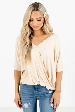 Zenana Going Steady Short Sleeve Blouse 42 Zenana Going Steady Short Sleeve Blouse -Bella Ella Sales GoingSteadyBlouseBeigeFront 5000x