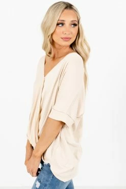Zenana Going Steady Short Sleeve Blouse 43 Zenana Going Steady Short Sleeve Blouse -Bella Ella Sales GoingSteadyBlouseBeigeSide 5000x