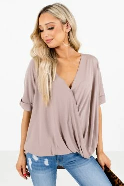 Zenana Going Steady Short Sleeve Blouse 38 Zenana Going Steady Short Sleeve Blouse -Bella Ella Sales GoingSteadyBlouseTaupeFront 5000x