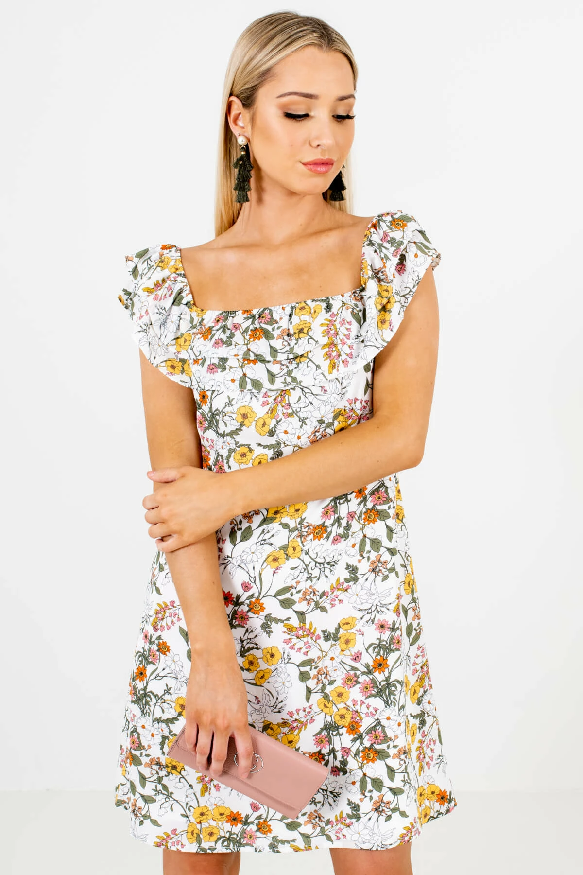 Bella Ella Boutique Honeysuckle White Floral Off-Shoulder Mini Dress 1 Bella Ella Boutique Honeysuckle White Floral Off-Shoulder Mini Dress