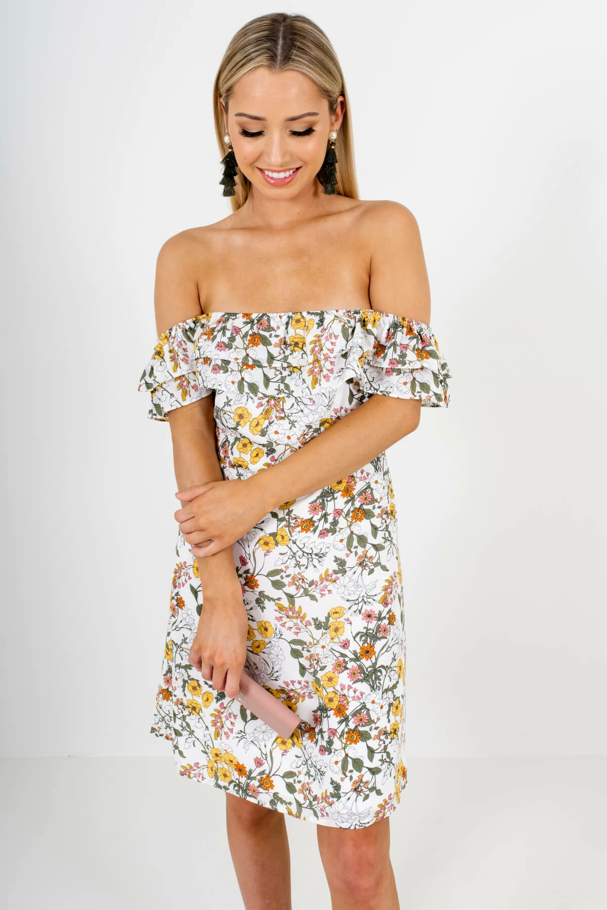 Bella Ella Boutique Honeysuckle White Floral Off-Shoulder Mini Dress 7 Bella Ella Boutique Honeysuckle White Floral Off-Shoulder Mini Dress - Image 7