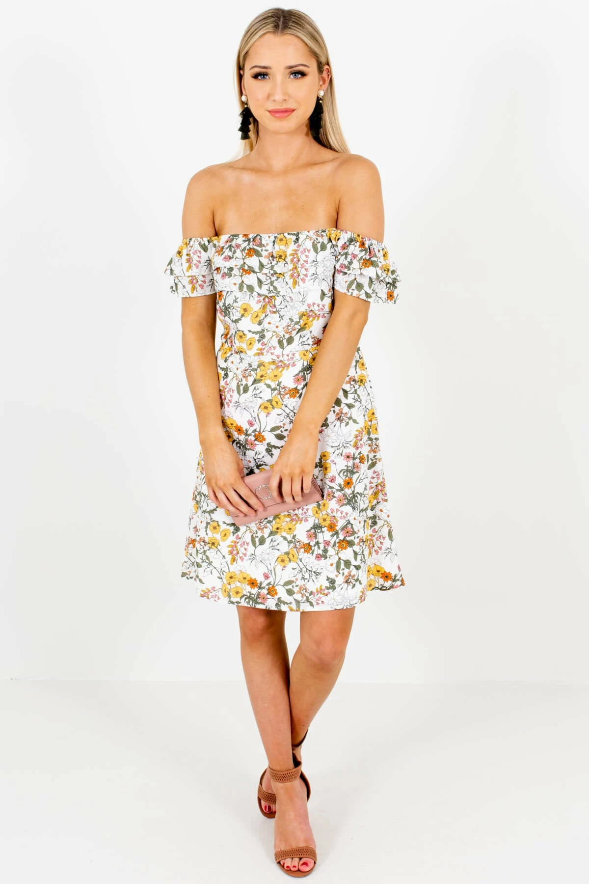 Bella Ella Boutique Honeysuckle White Floral Off-Shoulder Mini Dress 6 Bella Ella Boutique Honeysuckle White Floral Off-Shoulder Mini Dress - Image 6