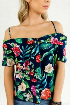 Bella Ella Boutique Island Dreaming Navy Cold Shoulder Top -Bella Ella Sales Island Dreaming Navy Off The Shoulder Top closeup2 5000x