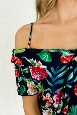 Bella Ella Boutique Island Dreaming Navy Cold Shoulder Top -Bella Ella Sales Island Dreaming Navy Off The Shoulder Top closeup 5000x