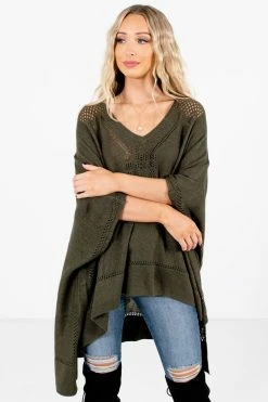 Bella Ella Boutique Joyful Heart Olive Green Sweater Poncho -Bella Ella Sales Joyful Heart Green Poncho Front 5000x