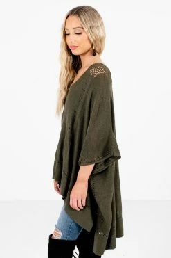 Bella Ella Boutique Joyful Heart Olive Green Sweater Poncho -Bella Ella Sales Joyful Heart Green Poncho Side 5000x