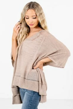 Bella Ella Boutique Joyful Heart Taupe Brown Sweater Poncho -Bella Ella Sales Joyful Heart Taupe Poncho Front 5000x