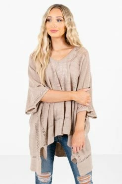 Bella Ella Boutique Joyful Heart Taupe Brown Sweater Poncho -Bella Ella Sales Joyful Heart Taupe Poncho Full Front2 5000x