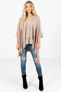 Bella Ella Boutique Joyful Heart Taupe Brown Sweater Poncho -Bella Ella Sales Joyful Heart Taupe Poncho Full Front3 5000x