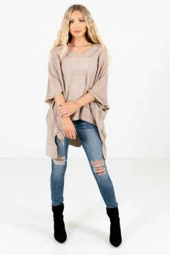 Bella Ella Boutique Joyful Heart Taupe Brown Sweater Poncho -Bella Ella Sales Joyful Heart Taupe Poncho Full Front 5000x