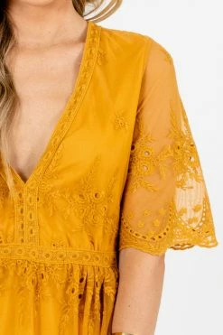 Bella Ella Boutique Light My Fire Mustard Lace Mini Dress -Bella Ella Sales Light My Fire Mustard Dress Detail 5000x