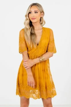 Bella Ella Boutique Light My Fire Mustard Lace Mini Dress -Bella Ella Sales Light My Fire Mustard Dress Front3 5000x