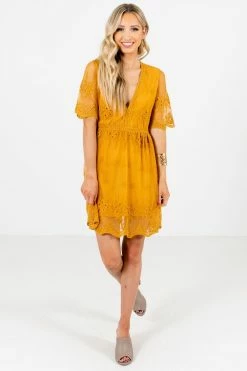 Bella Ella Boutique Light My Fire Mustard Lace Mini Dress -Bella Ella Sales Light My Fire Mustard Dress Full Front2 5000x