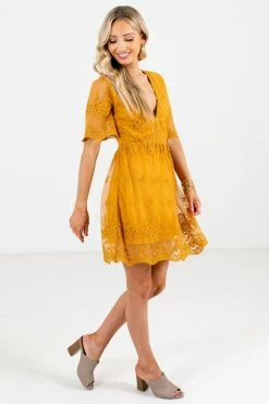 Bella Ella Boutique Light My Fire Mustard Lace Mini Dress -Bella Ella Sales Light My Fire Mustard Dress Full Side 5000x