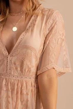 Bella Ella Boutique Light My Fire Tan Lace Mini Dress -Bella Ella Sales LightMyFireNudeMiniDressdetail 5000x