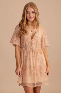 Bella Ella Boutique Light My Fire Tan Lace Mini Dress -Bella Ella Sales LightMyFireNudeMiniDressfront 5000x