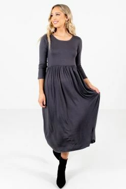 Bella Ella Boutique Matters Of The Heart Gray Midi Dress -Bella Ella Sales Matters of the Heart Gray Dress Full Front 5000x