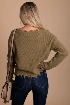 Tasha Apparel Warm Wishes Distressed Ribbed Sweater -Bella Ella Sales Olive Ribbed Sweater 3 5000x