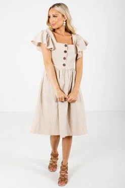 Basix Apparel Smooth Sailing Taupe Knee-Length Dress -Bella Ella Sales Smooth Sailing Taupe Dress Full Front 5000x