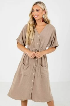 Tasha Apparel Storm Chaser Brown Midi Dress -Bella Ella Sales Storm Chaser Brown Dress Front2 5000x