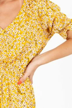 All In Favor Sunshine Goddess Yellow Floral Midi Dress -Bella Ella Sales Sunshine Goddess Yellow Dress Detail 5000x