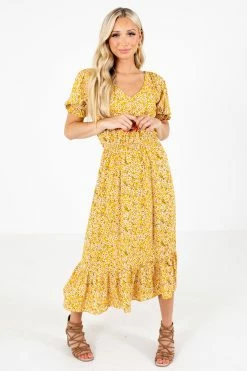 All In Favor Sunshine Goddess Yellow Floral Midi Dress -Bella Ella Sales Sunshine Goddess Yellow Dress Front 5000x