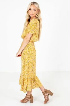 All In Favor Sunshine Goddess Yellow Floral Midi Dress -Bella Ella Sales Sunshine Goddess Yellow Dress Side 5000x