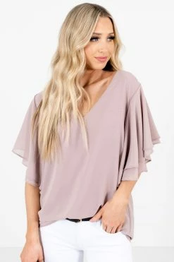 Zenana Take Care Flutter Sleeve Blouse 22 Zenana Take Care Flutter Sleeve Blouse -Bella Ella Sales Take Care Taupe Blouse Front 5000x