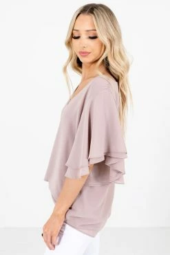 Zenana Take Care Flutter Sleeve Blouse 25 Zenana Take Care Flutter Sleeve Blouse -Bella Ella Sales Take Care Taupe Blouse Side 5000x