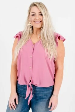 Bella Ella Boutique Think Pink Mauve Tie-Front Shirt 17 Bella Ella Boutique Think Pink Mauve Tie-Front Shirt -Bella Ella Sales Think Pink Mauve Tie Front Shirt Front 5000x