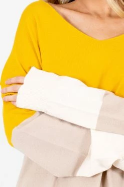 Bella Ella Boutique Wind Down Mustard Color Block Sweater -Bella Ella Sales Wind Down Mustard Sweater Detail 5000x